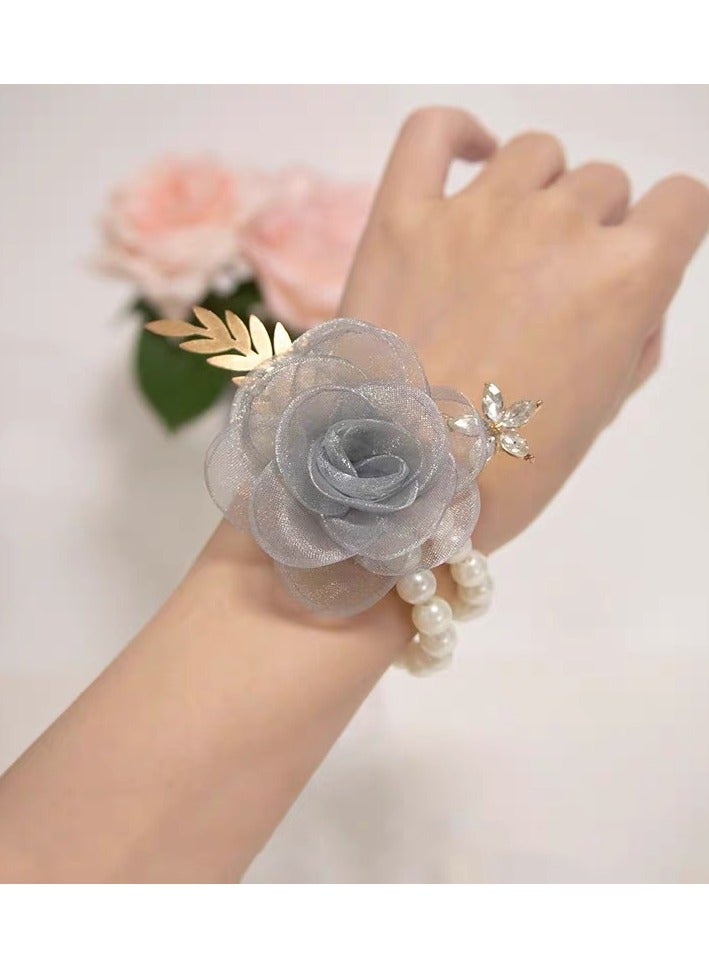 Generic 6 Pcs/Set Sophisticated Gray Pearl Bridal Bracelet | Romantic Prom Hand Flower with Satin Ribbon 