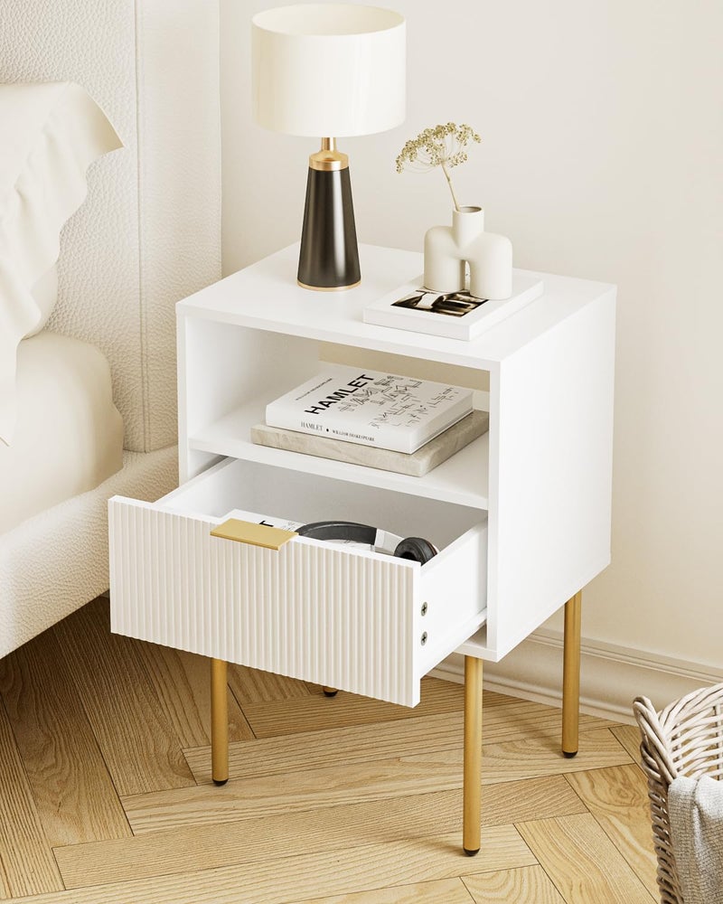 Aienvey Night Stand, Modern Nightstand with Drawers, Bedside Table, Gold Small Side Table for Bedroom, Living Room End Table (White Stripe, 1 Drawer) - Image 5
