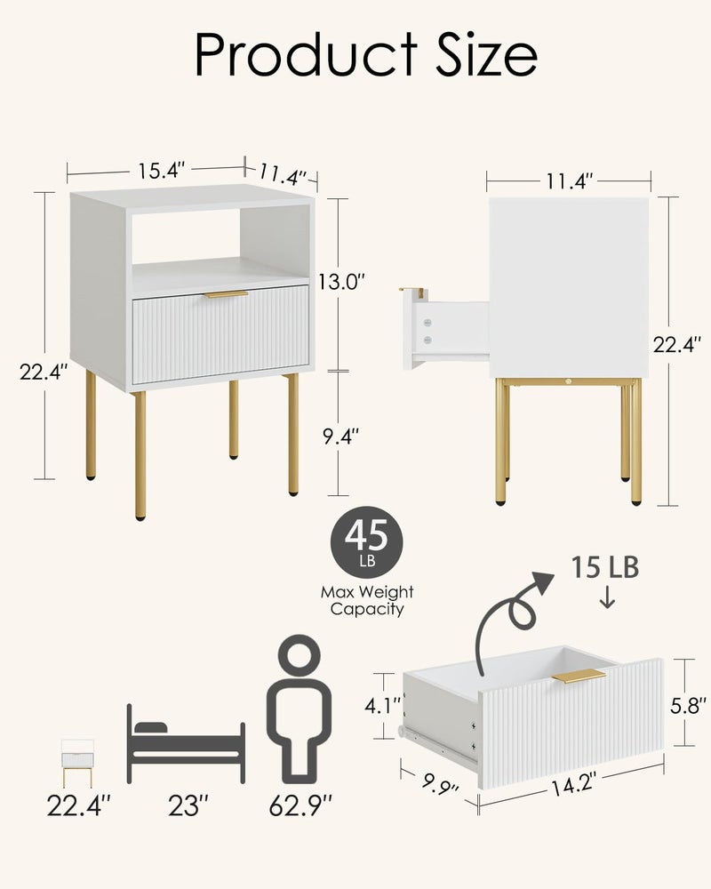 Aienvey Night Stand, Modern Nightstand with Drawers, Bedside Table, Gold Small Side Table for Bedroom, Living Room End Table (White Stripe, 1 Drawer) - Image 2