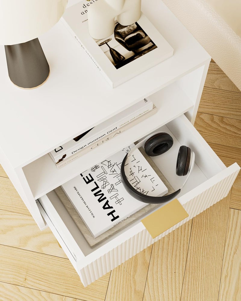 Aienvey Night Stand, Modern Nightstand with Drawers, Bedside Table, Gold Small Side Table for Bedroom, Living Room End Table (White Stripe, 1 Drawer) - Image 3