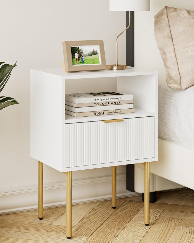 Aienvey Night Stand, Modern Nightstand with Drawers, Bedside Table, Gold Small Side Table for Bedroom, Living Room End Table (White Stripe, 1 Drawer) - Image 1