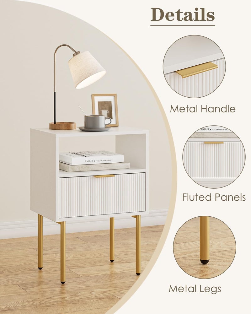 Aienvey Night Stand, Modern Nightstand with Drawers, Bedside Table, Gold Small Side Table for Bedroom, Living Room End Table (White Stripe, 1 Drawer) - Image 4