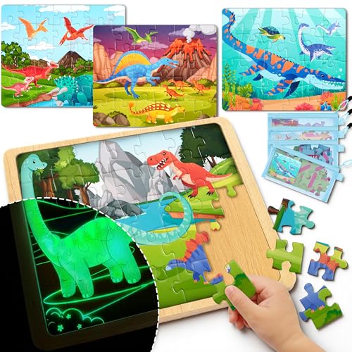 SYNCFUN 4 Packs Magical Dinosaur Wooden Puzzles Glow in The Dark 35 24 PCS Puzzles Board for Preschool Educational Toddlers Dinosaur Toys for Kids Ages 35 Birthday Valentine Easter Gifts - Image 1