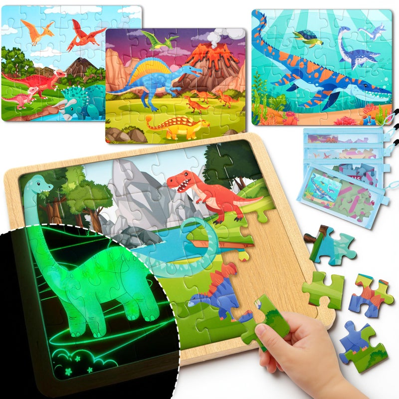 SYNCFUN 4 Packs Magical Dinosaur Wooden Puzzles Glow in The Dark 35 24 PCS Puzzles Board for Preschool Educational Toddlers Dinosaur Toys for Kids Ages 35 Birthday Valentine Easter Gifts - Image 3