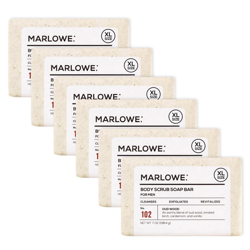 MARLOWE No 102 Body Scrub Soap 7 oz 6 Bars Oud Wood Exfoliating Soap Bar with Shea Butter Olive Oil Green Tea Extracts Cleanses Smooths Revitalizes Skin Earthy Smoky Scent