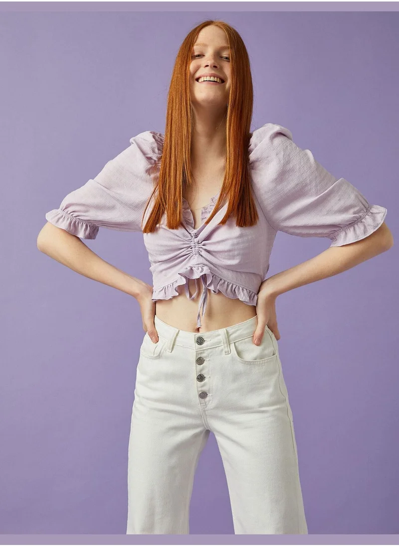 كوتون Crop Blouse Puff Sleeve Gathered