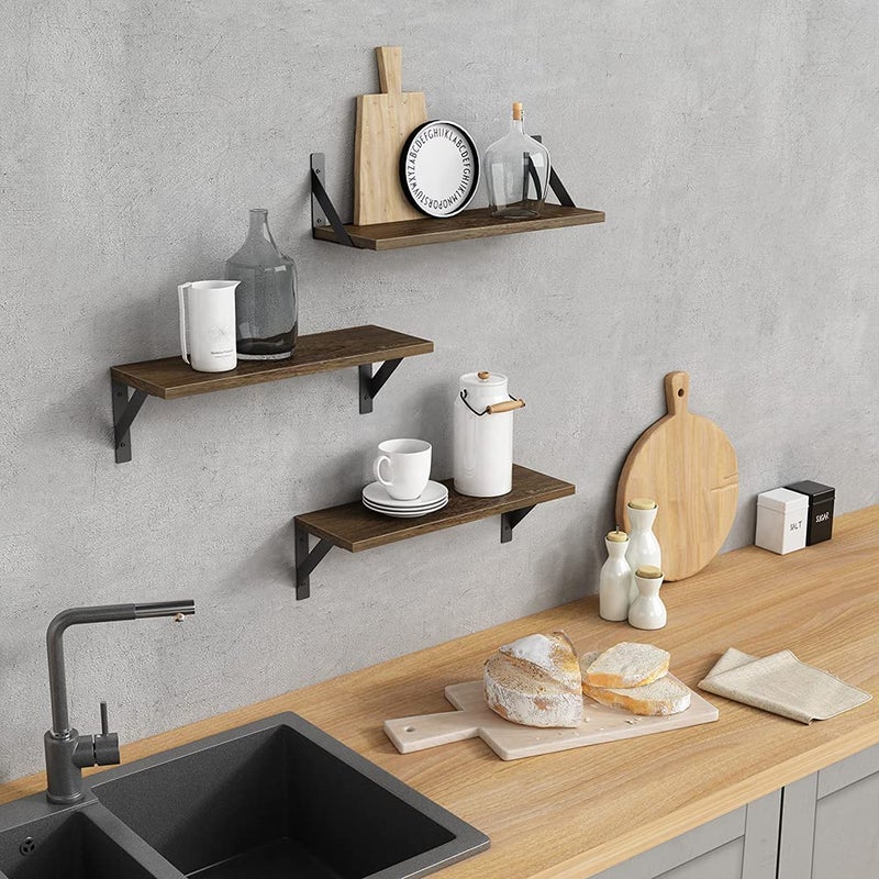 Forbena Rustic Floating Shelves Wall Mounted Set of 3, 17 Inch Natural Wood Wall Shelves, Decor Storage Shelf for Bedroom Bathroom Living Room Office Pictures Plants Books Cats TV (Rustic Brown) - Image 2