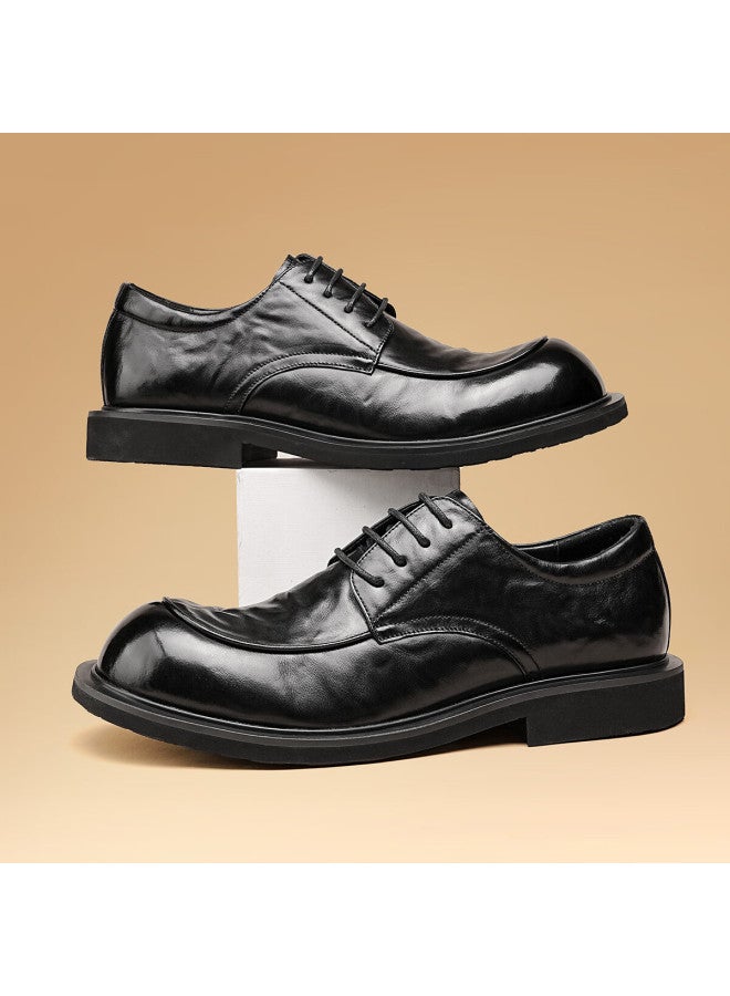 St&sat Men's Shoes, Top-grain Leather, Formal Business Dress Shoes, Lace-up, Commuter-friendly, Lightweight Casual Leather Shoes For Men, Black, Size 39 - Image 2