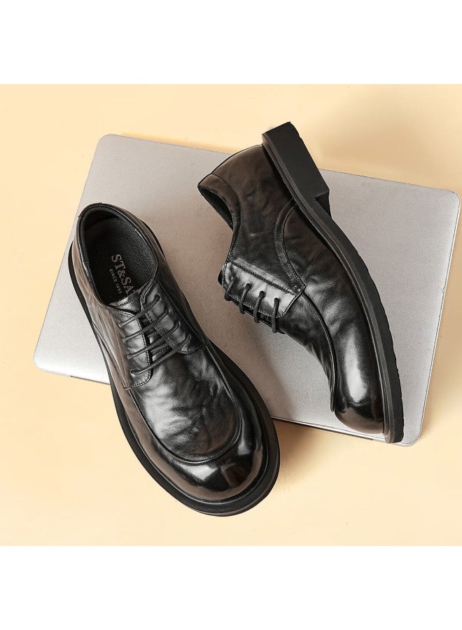St&sat Men's Shoes, Top-grain Leather, Formal Business Dress Shoes, Lace-up, Commuter-friendly, Lightweight Casual Leather Shoes For Men, Black, Size 39 - Image 3