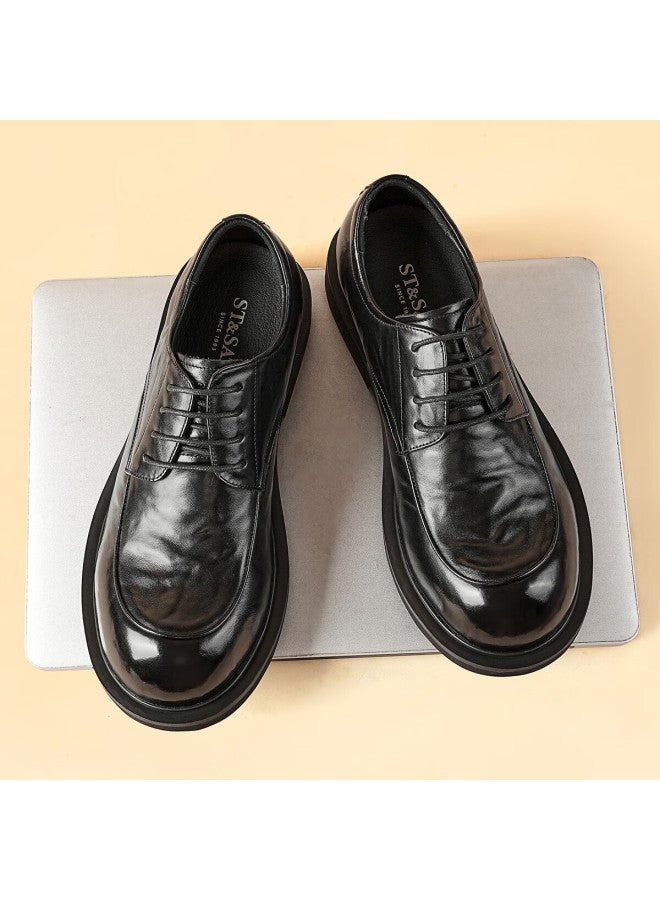 St&sat Men's Shoes, Top-grain Leather, Formal Business Dress Shoes, Lace-up, Commuter-friendly, Lightweight Casual Leather Shoes For Men, Black, Size 39 - Image 4