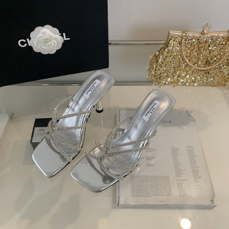 Rhinestone Strap High Heel Slippers Women'S Thin Heel Open Toe Slippers Square Toe Fashion Women'S Slippers Women'S Shoes - Image 3