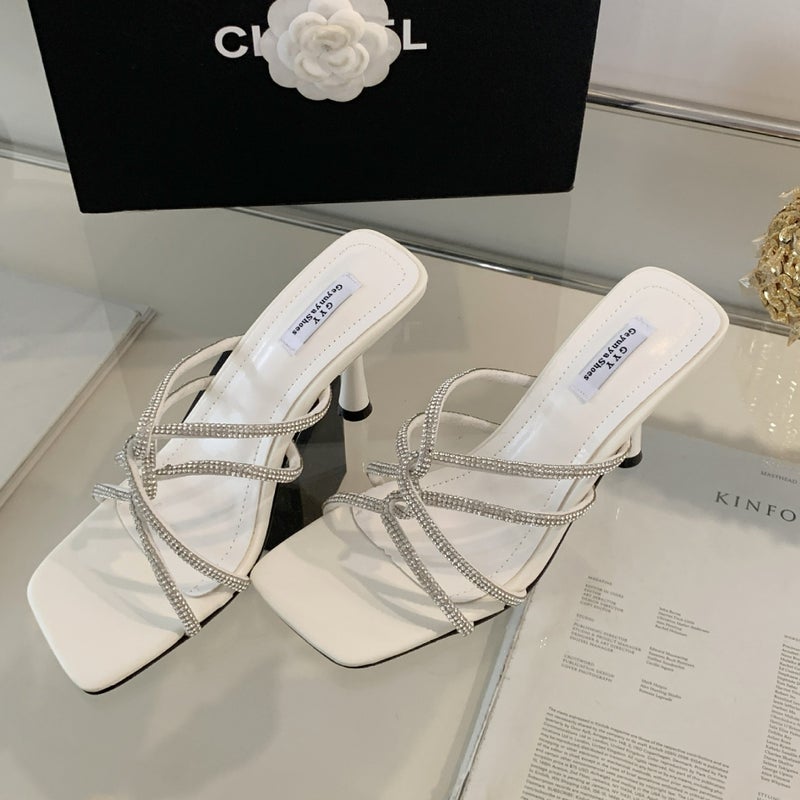 Rhinestone Strap High Heel Slippers Women'S Thin Heel Open Toe Slippers Square Toe Fashion Women'S Slippers Women'S Shoes - Image 4