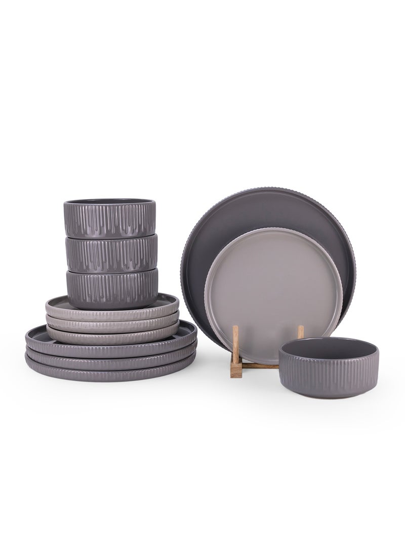 Shallow Harper 12 Piece Stoneware Dinner Set, Serves 4 people, includes 4 x 10.5" Dinner Plates, 4 x 7.5" Salad plates, 4 x 5.5" bowls, Elegant Grey Modern Crockery - Image 5