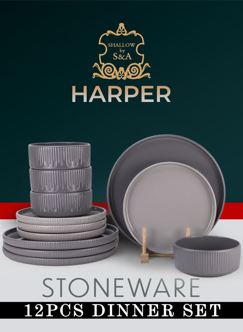 Shallow Harper 12 Piece Stoneware Dinner Set, Serves 4 people, includes 4 x 10.5" Dinner Plates, 4 x 7.5" Salad plates, 4 x 5.5" bowls, Elegant Grey Modern Crockery - Image 1