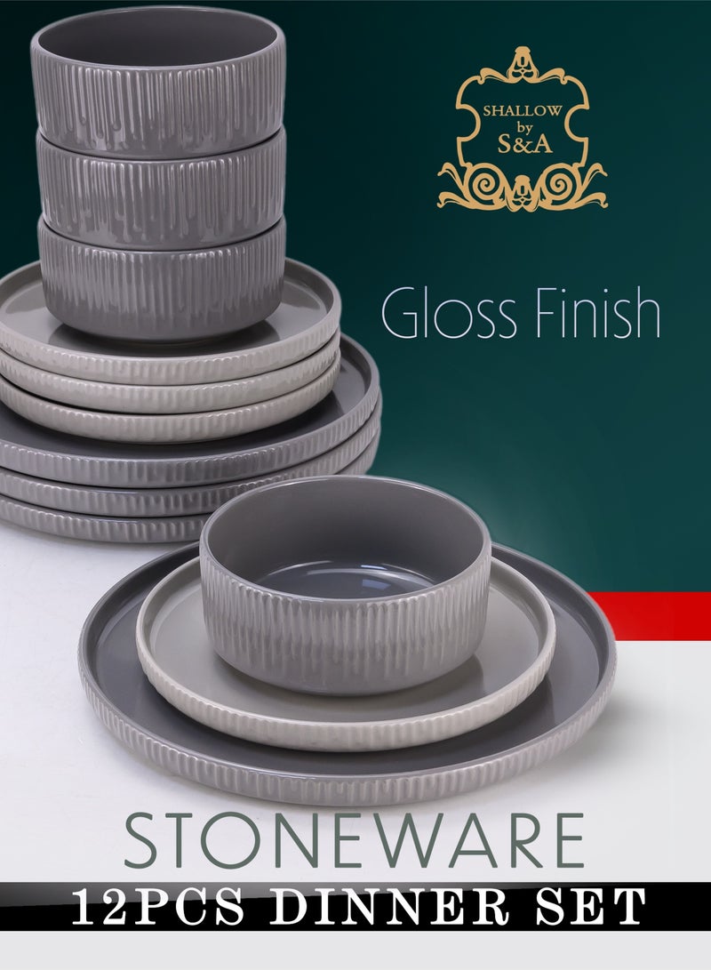Shallow Harper 12 Piece Stoneware Dinner Set, Serves 4 people, includes 4 x 10.5" Dinner Plates, 4 x 7.5" Salad plates, 4 x 5.5" bowls, Elegant Grey Modern Crockery - Image 2