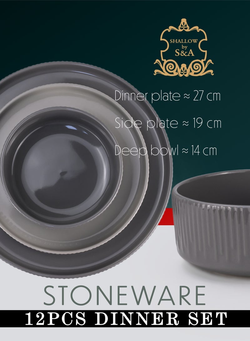 Shallow Harper 12 Piece Stoneware Dinner Set, Serves 4 people, includes 4 x 10.5" Dinner Plates, 4 x 7.5" Salad plates, 4 x 5.5" bowls, Elegant Grey Modern Crockery - Image 3