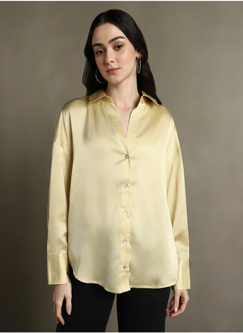دينيس لينغو Women's Khaki Satin Solid Button Down Relaxed Fit Shirt