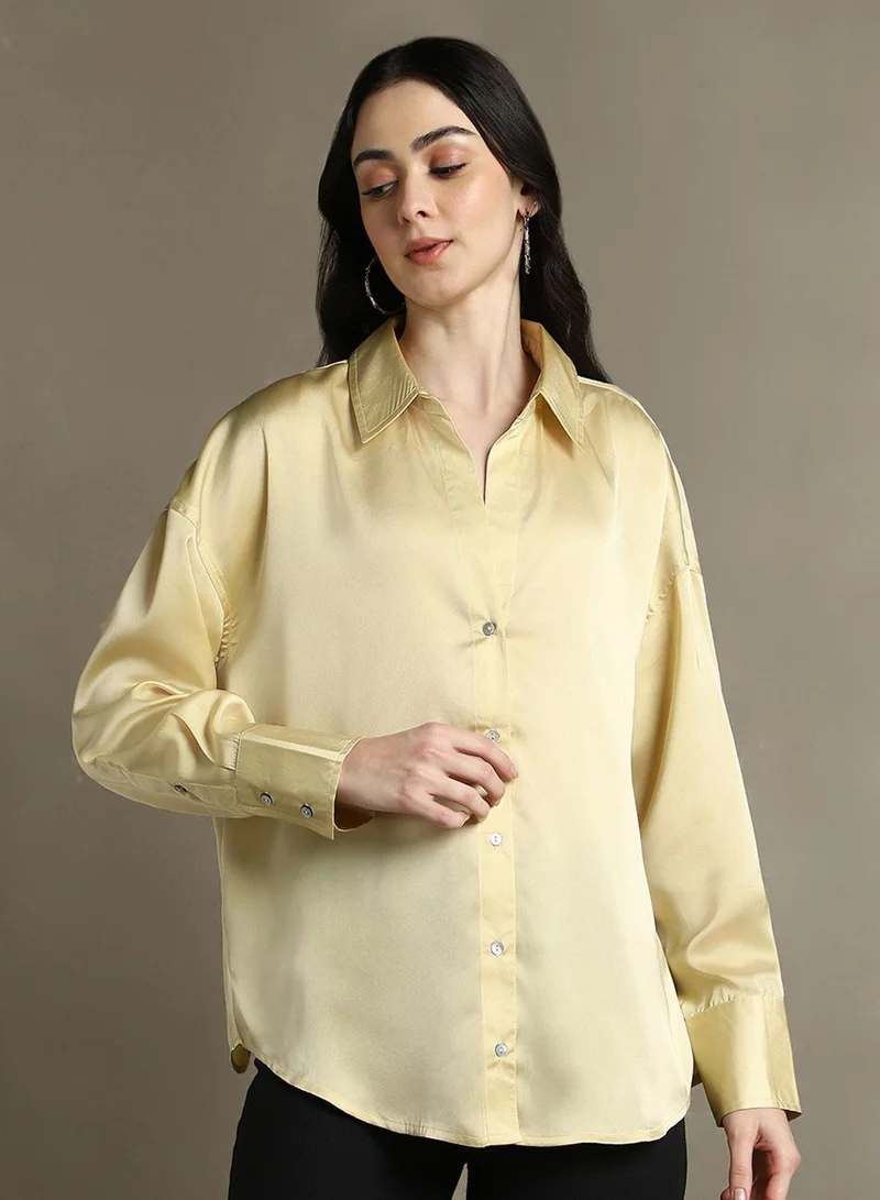 Dennis Lingo Women's Khaki Satin Solid Button Down Relaxed Fit Shirt