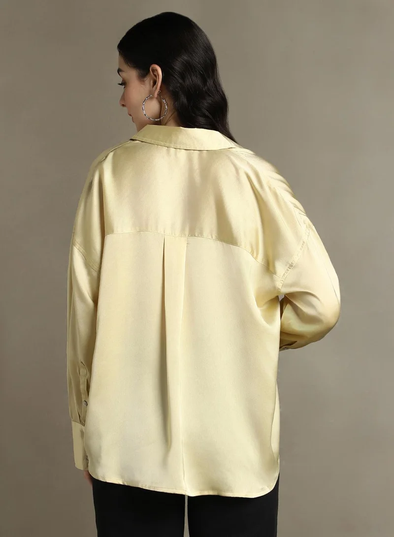Dennis Lingo Women's Khaki Satin Solid Button Down Relaxed Fit Shirt