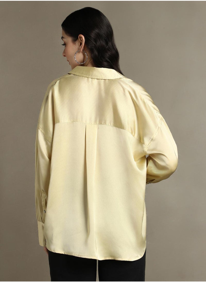 Dennis Lingo Women's Khaki Satin Solid Button Down Relaxed Fit Shirt  - Image 3