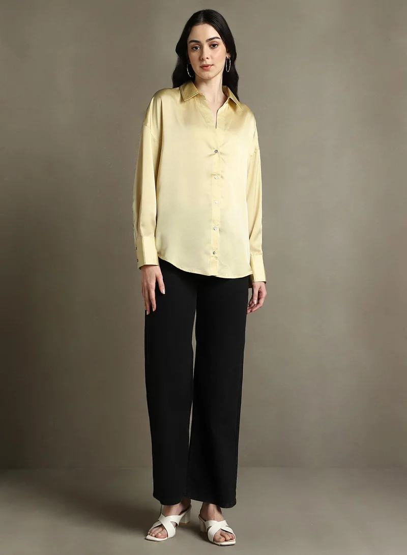 Dennis Lingo Women's Khaki Satin Solid Button Down Relaxed Fit Shirt
