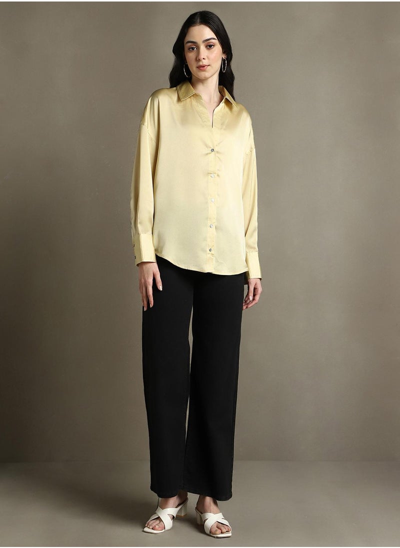 Dennis Lingo Women's Khaki Satin Solid Button Down Relaxed Fit Shirt  - Image 5