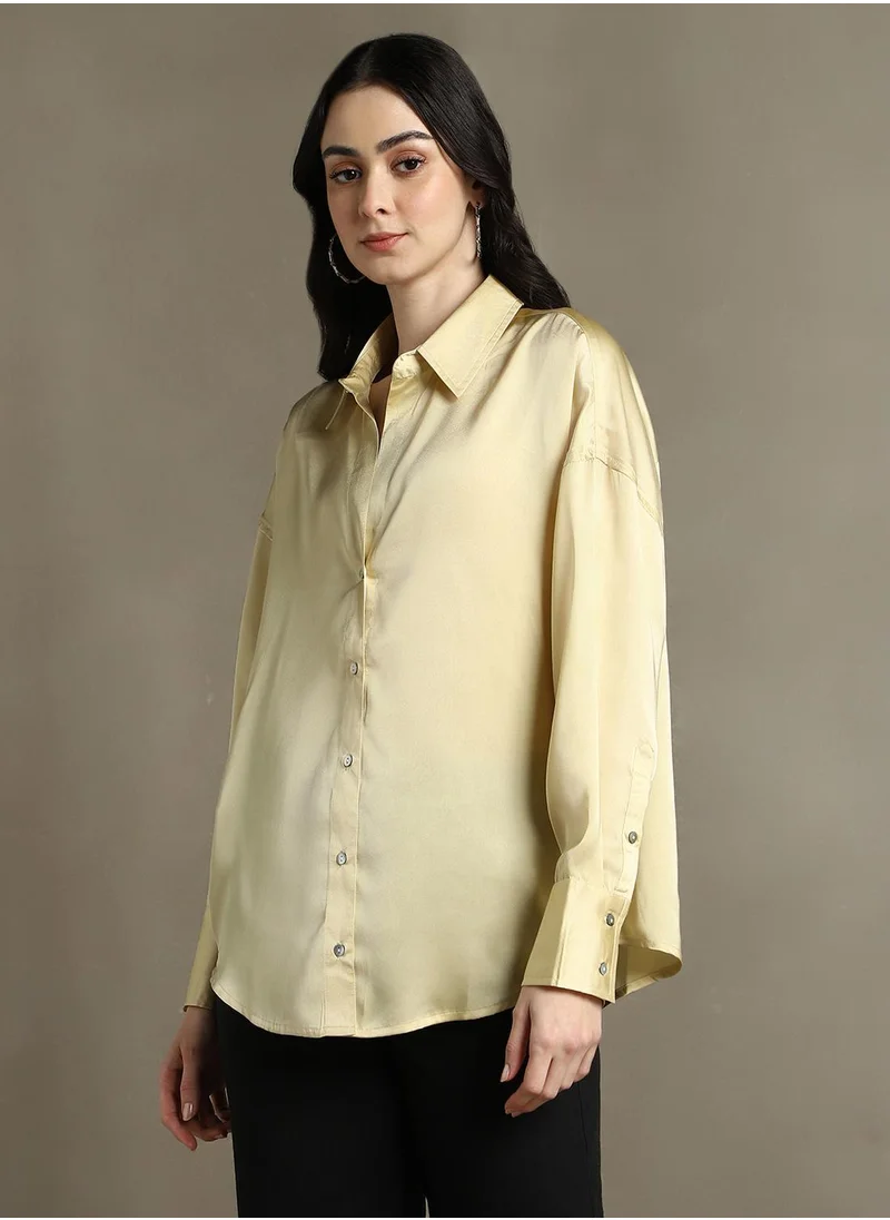 دينيس لينغو Women's Khaki Satin Solid Button Down Relaxed Fit Shirt