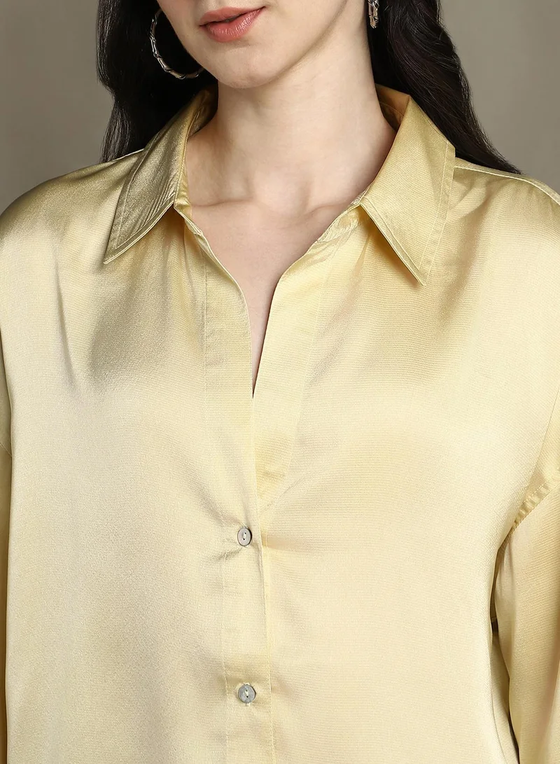 Dennis Lingo Women's Khaki Satin Solid Button Down Relaxed Fit Shirt