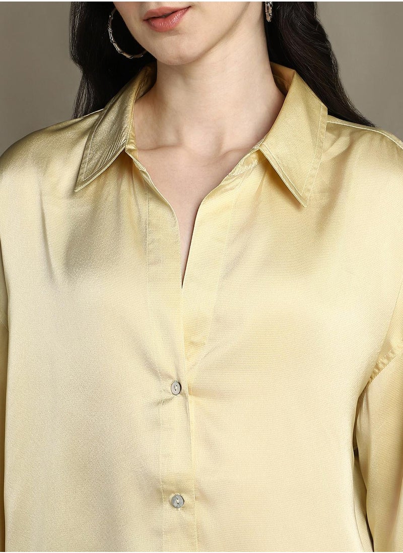 Dennis Lingo Women's Khaki Satin Solid Button Down Relaxed Fit Shirt  - Image 4