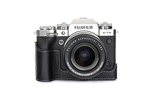 BolinUS X-T4 Camera Case, BolinUS Handmade Genuine Real Leather Half Camera Case Bag Cover for Fujifilm Fuji X-T4 XT4 Camera Bottom Opening Version + Hand Strap (Black) - Image 1