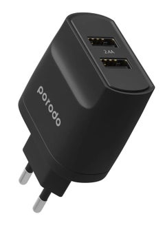 porodo Dual Port Wall Charger 2.4A 12W / 50 to 60 Hz Frequency / Protective Safeguards / Fast Charging Adapter & Connector - Black  - Image 1