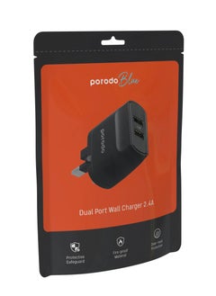 porodo Dual Port Wall Charger 2.4A 12W / 50 to 60 Hz Frequency / Protective Safeguards / Fast Charging Adapter & Connector - Black  - Image 5