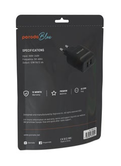 porodo Dual Port Wall Charger 2.4A 12W / 50 to 60 Hz Frequency / Protective Safeguards / Fast Charging Adapter & Connector - Black  - Image 4