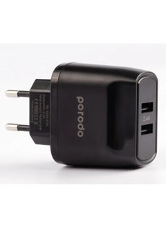 porodo Dual Port Wall Charger 2.4A 12W / 50 to 60 Hz Frequency / Protective Safeguards / Fast Charging Adapter & Connector - Black  - Image 2