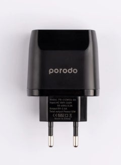 porodo Dual Port Wall Charger 2.4A 12W / 50 to 60 Hz Frequency / Protective Safeguards / Fast Charging Adapter & Connector - Black  - Image 3