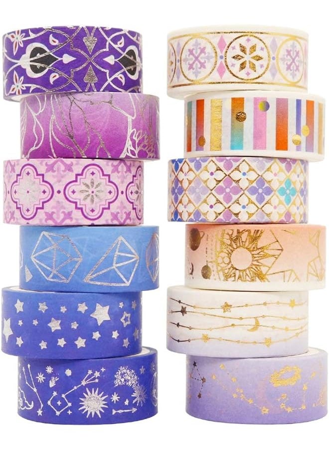 erorex - Galaxy Washi Tape Set Purple Stars Decorative Tapes Silver Gold Foil Masking For Arts Diy Crafts Journal Supplies Planners Scrapbook Gift Wrapping Purple Night 12 Rolls - Image 1