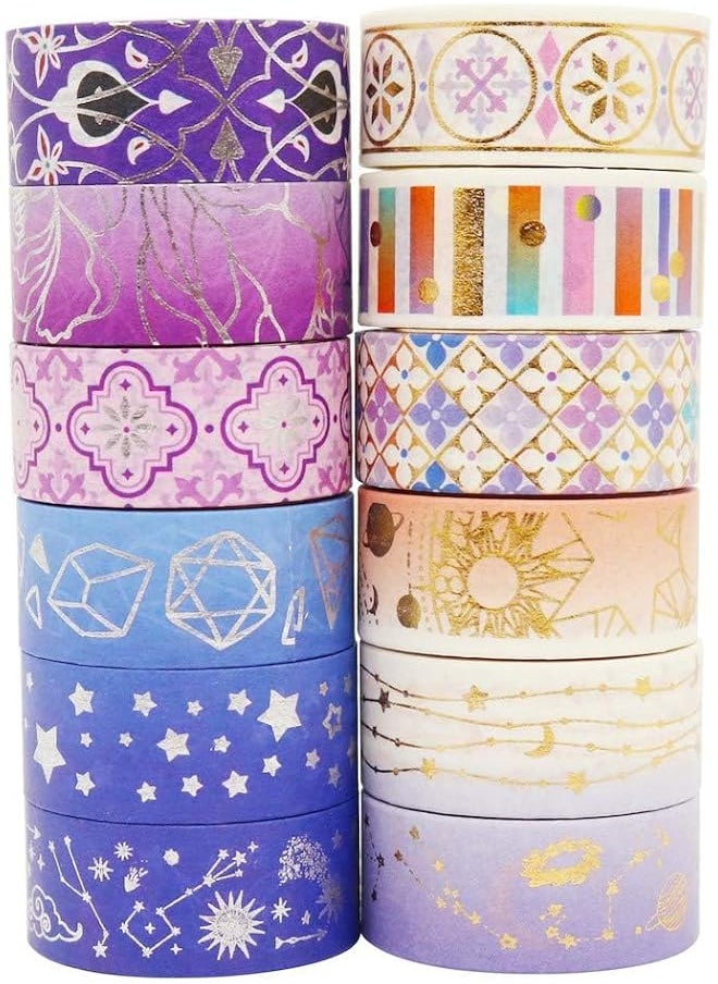 erorex - Galaxy Washi Tape Set Purple Stars Decorative Tapes Silver Gold Foil Masking For Arts Diy Crafts Journal Supplies Planners Scrapbook Gift Wrapping Purple Night 12 Rolls - Image 1