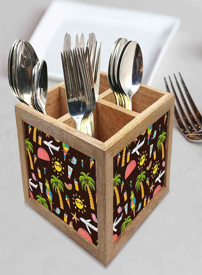 Nutcase Wooden Cutlery Stand Holder Silverware Caddy Spoons Forks Knives Organizer for Dining Table & Kitchen -Made in India-Spoons NOT Included - Summer Adventure - Image 2
