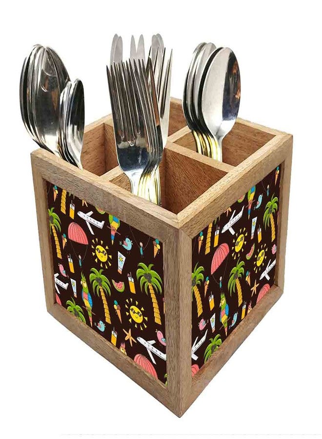 Nutcase Wooden Cutlery Stand Holder Silverware Caddy Spoons Forks Knives Organizer for Dining Table & Kitchen -Made in India-Spoons NOT Included - Summer Adventure - Image 1