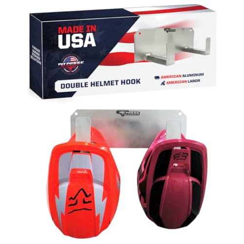 Pit Posse PP125 Dual Helmet Rack Holder Enclosed Race Trailer Garage Shop - Made in USA - Aluminum Storage Organizer Hanger Motorcycle ATV Bike Snowmobile Helmets - Double Utility Hook (Silver) - Image 1