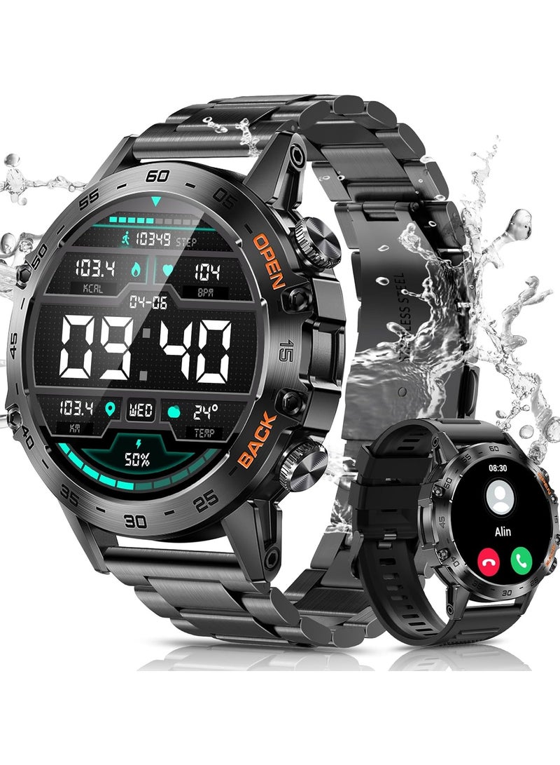 ساعات ذكية عسكرية للرجال (الرد/إجراء مكالمة)، ساعة ذكية تكتيكية لنظام Android iOS، بطارية 400 مللي أمبير في الساعة/تتبع رياضي/مراقبة الصحة/النوم - Image 1