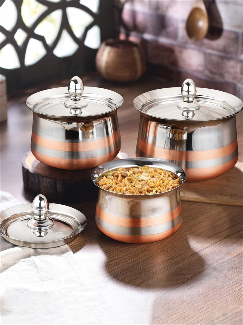 Classic Essentials Stainless Steel Cook & Serve Handi Set with Lid (Set of 3) | Cookware Set | (Capacity - 900ml, 1.3L & 1.7L) (Copper Line Set of 3) - Image 2