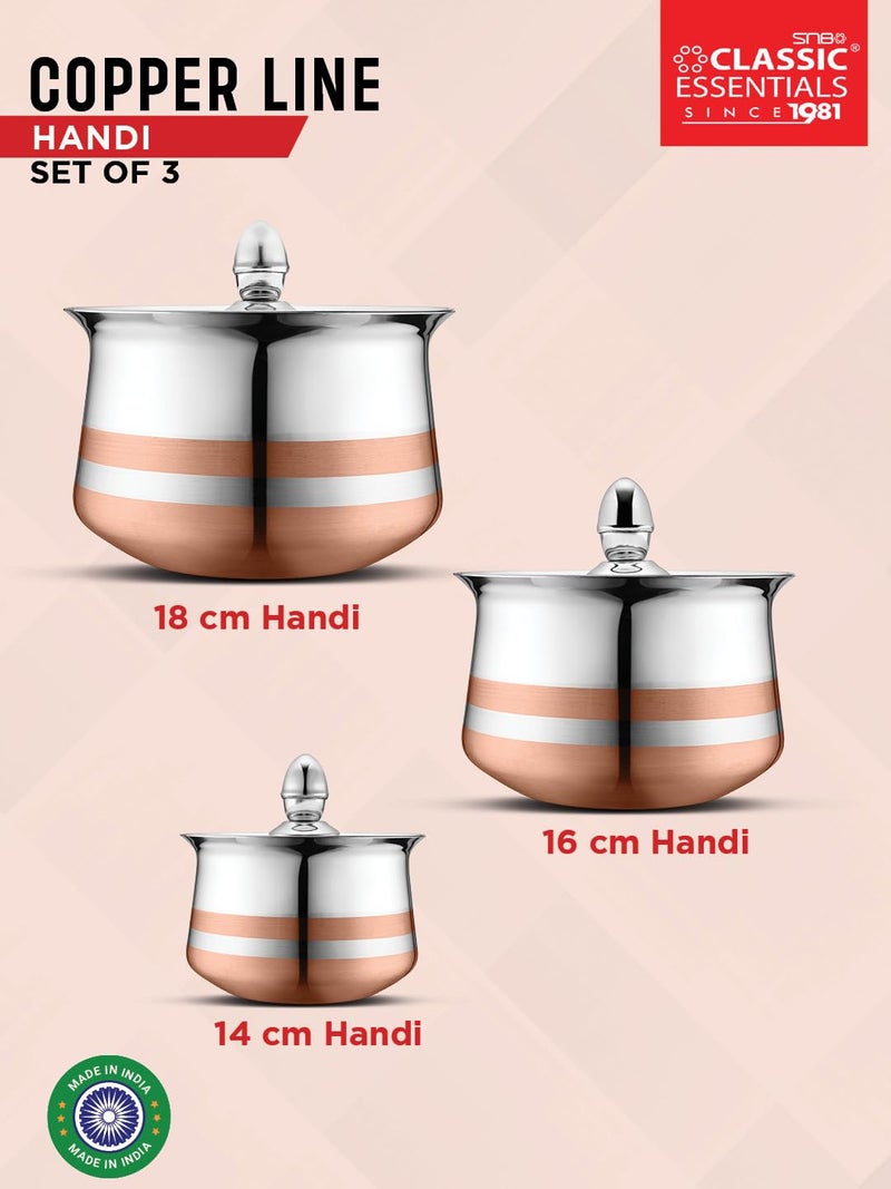 Classic Essentials Stainless Steel Cook & Serve Handi Set with Lid (Set of 3) | Cookware Set | (Capacity - 900ml, 1.3L & 1.7L) (Copper Line Set of 3) - Image 5