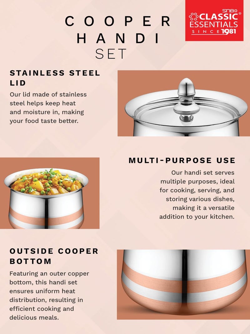 Classic Essentials Stainless Steel Cook & Serve Handi Set with Lid (Set of 3) | Cookware Set | (Capacity - 900ml, 1.3L & 1.7L) (Copper Line Set of 3) - Image 4