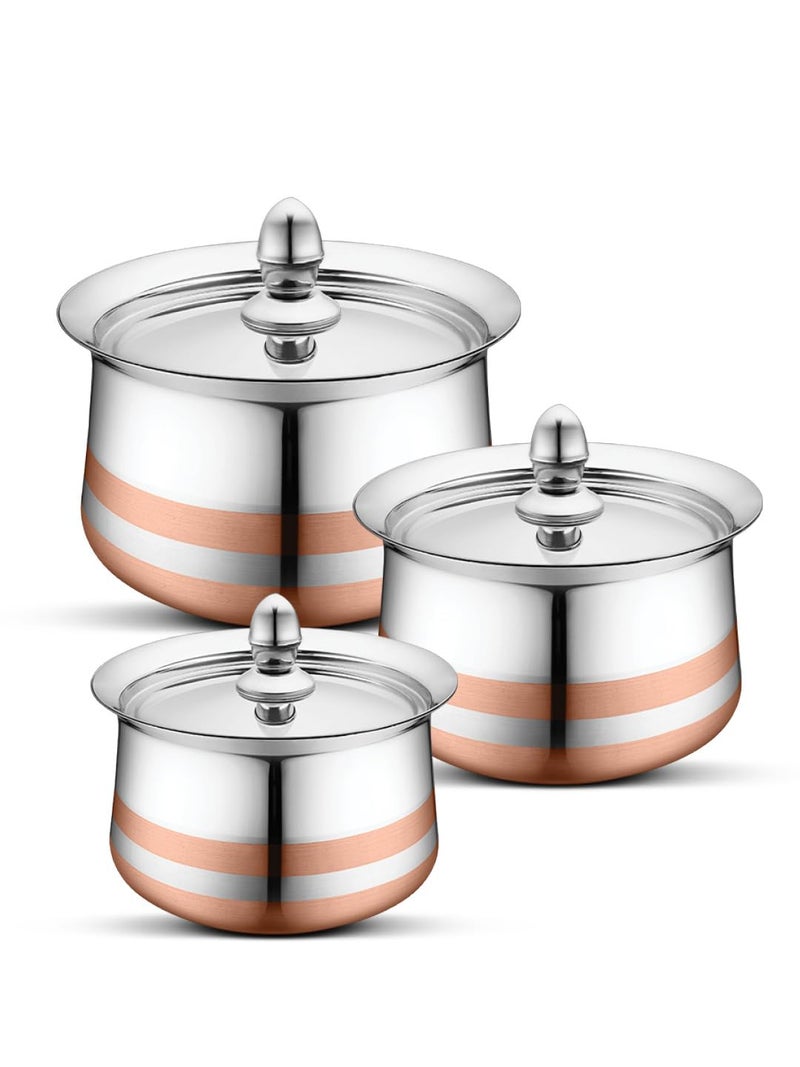 Classic Essentials Stainless Steel Cook & Serve Handi Set with Lid (Set of 3) | Cookware Set | (Capacity - 900ml, 1.3L & 1.7L) (Copper Line Set of 3) - Image 1