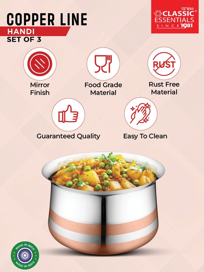 Classic Essentials Stainless Steel Cook & Serve Handi Set with Lid (Set of 3) | Cookware Set | (Capacity - 900ml, 1.3L & 1.7L) (Copper Line Set of 3) - Image 3