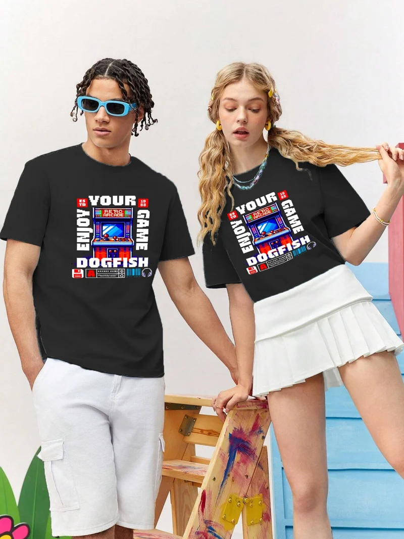 DogFish Lover Combination Couple Classic Pixels Timeless Fun Printed Oversize Cotton T-Shirt 2-Pack