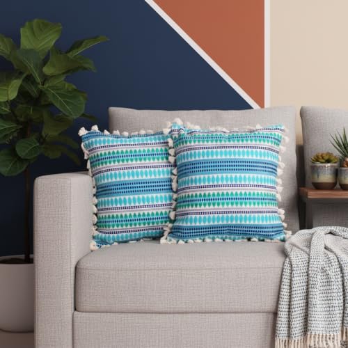 STITCHNEST Geometric Woven Cushion Covers with Tassels | Set of 2 | Turquoise & Blue | 16 x 16 Inches | Decorative Sofa & Living Room Cushion Covers - Image 1