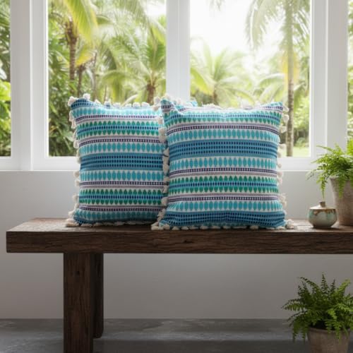STITCHNEST Geometric Woven Cushion Covers with Tassels | Set of 2 | Turquoise & Blue | 16 x 16 Inches | Decorative Sofa & Living Room Cushion Covers - Image 5