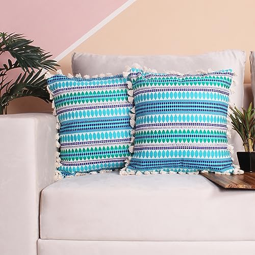 STITCHNEST Geometric Woven Cushion Covers with Tassels | Set of 2 | Turquoise & Blue | 16 x 16 Inches | Decorative Sofa & Living Room Cushion Covers - Image 4